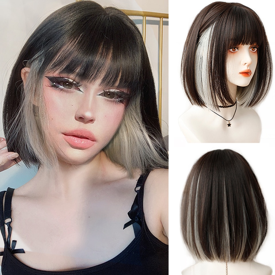 HOUYAN Short straight hair bob wig bangs brown dyed silver pink black